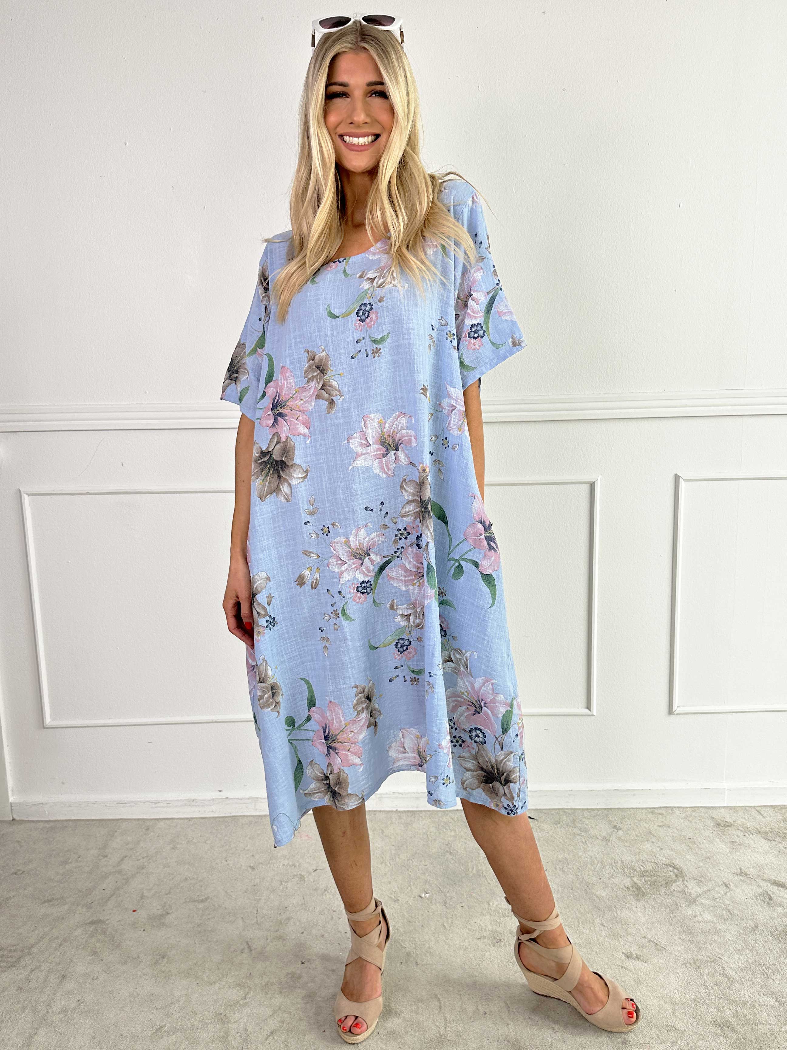 Gry - Bomuldskjole i hørlignende stof med blomsterprint